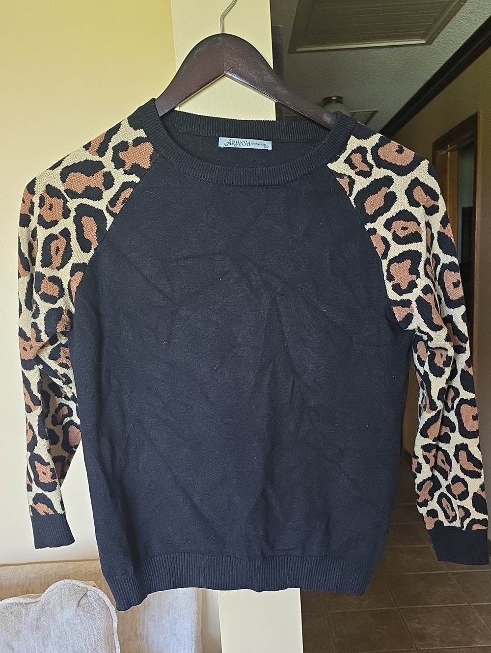 Adrianna Papell Black Crewneck Sweater with Leopard Raglan Sleeves
